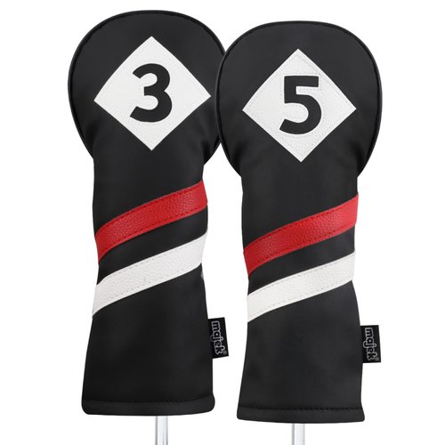 Majek Retro Golf Headcovers Black Red and White Vintage Leather Style 3 & 5 Fairway Wood Head Cover Classic Look