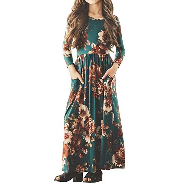 21KIDS Girls Maxi Dress Kids Floral Casual 3/4 Long Sleeve Dresses for Girls, Green, 12 Years