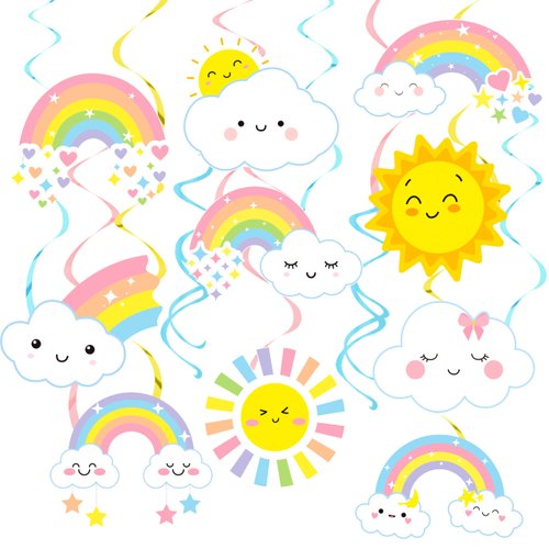 Rainbow Party Hanging Swirls Rainbow Birthday Party Decorations Rainbow Cloud Sun Star Theme Party Hanging Foil Whirls Ceiling Streamers Decoration for Rainbow Weather Theme Party Baby Shower Supplies