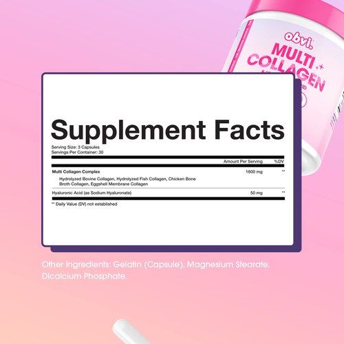 Obvi Multi Collagen Supplement with Hyaluronic Acid | Skin Care, Hair, Nail, Joint Support for Women, Gut Health | Hydrolyzed Protein Type I, II, III, V, X | 30 Capsules, 30 Servings