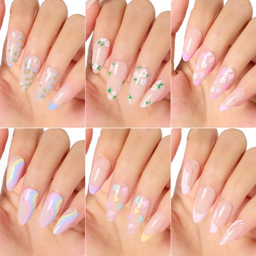 Beetles Press On Nails Medium Almond Shaped 180 Pcs in 15 Sizes, 6 Styles Spring Flower Pattern Design Neutral Light Pink Green Color Pastel Pigment False Nails Set - Spring Gifts for Women Girls