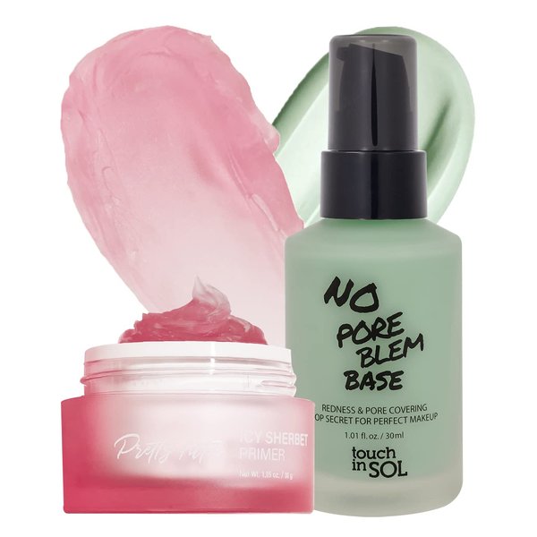 TOUCH IN SOL Icy Sherbet Primer + Redness Correcting Base Set - Silicone Free Pore Minimizing Primer - Tone Neutralizing before Foundation, 1.01 + 1.01 fl.oz.