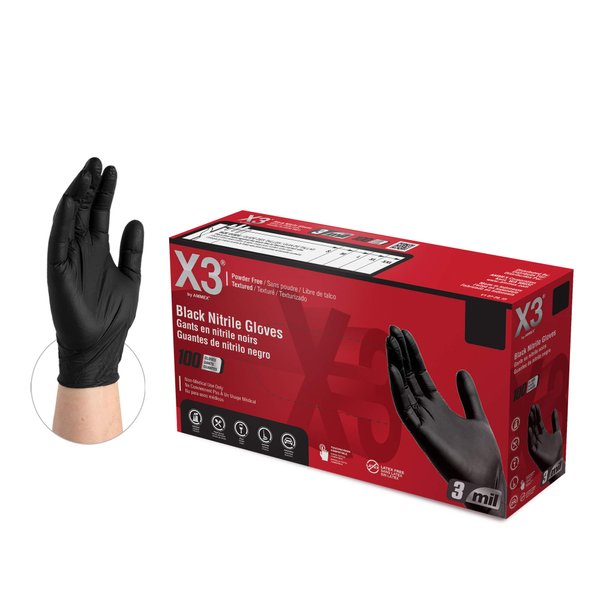 X3 Black Nitrile Disposable Industrial Gloves 3 Mil, Latex/Powder-Free, Food-Safe, Non-Sterile, Textured, Medium, Box of 100