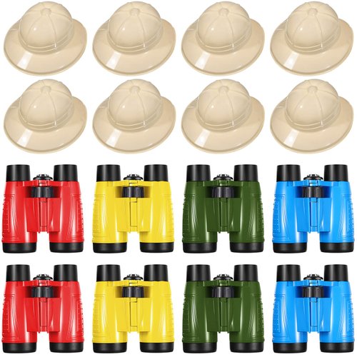 16 Pcs Safari Themed Party Set: 8 Jungle Hats, 8 Binoculars with Neck Strings for Kids Birthday Celebrations and Safari Dress-Up (Simple Style)