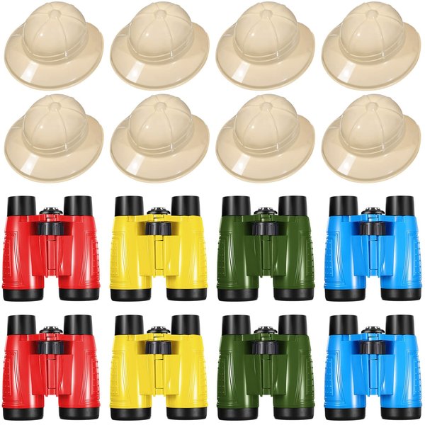 16 Pcs Safari Themed Party Set: 8 Jungle Hats, 8 Binoculars with Neck Strings for Kids Birthday Celebrations and Safari Dress-Up (Simple Style)