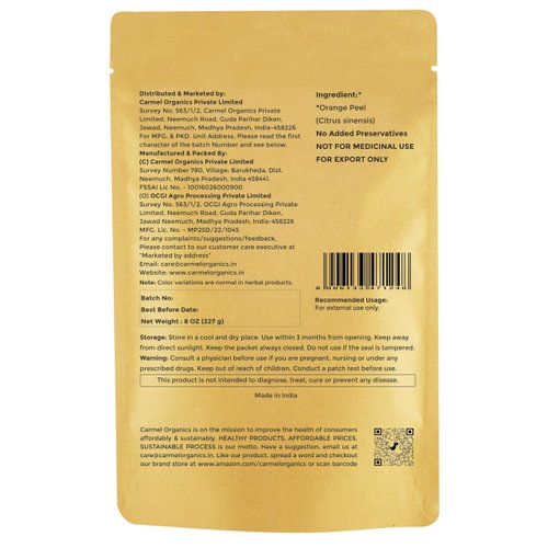 Orange Peel Powder, 8 Ounce or 227 Grams(Pack of 1) | Pure and Natural | By Carmel Organics | For Skin Care No Added Preservative | Citrus Sinensis Powder