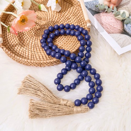 OMISHE 59in Wood Bead Garland with Tassels, Wooden Beads Garland, Decorative Beads Garland Decor, Farmhouse Beads Garland for Wall Hanging Home Festival Decor, Navy Blue