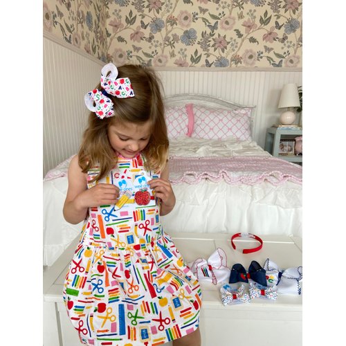 Wee Ones Girls Linen Hair Bow with Apple Embroidery on a WeeStay Clip with Plain Wrap, Medium, Apple Navy