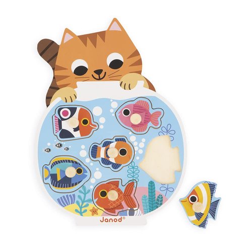 Janod - Babies’ Wooden Puzzle - 6 Pieces with Pegs - Aquarium Theme - Recessed Puzzle - Early-Learning Toy - 18 Months + J07109