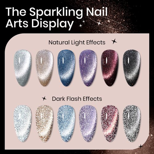 SUPWEE Reflective Glitter Cat Eye Gel Polish Sparkle Shiny Nail Polish Gel 6 Colors Magnetic Gel Nail Polish with Magnecti Stick Varnish Soak Off UV Gel