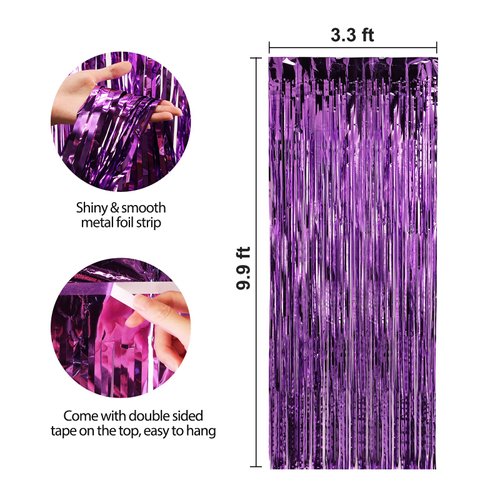 Crosize 3 Pack 3.3 x 9.9 ft Purple Foil Fringe Backdrop Curtain, Streamer Backdrop Curtains, Streamers Birthday Party Decorations, Tinsel Curtain for Parties, Galentines Decor