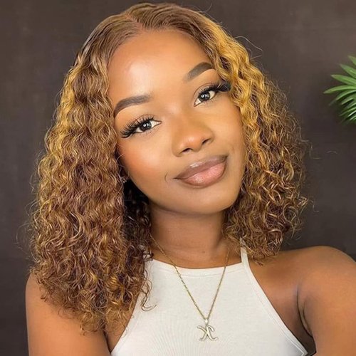 RQY Highlight Curly Bob Wig Human Hair, Short Curly Blonde Brown Human Hair Wig(12inch), 4x4 Lace...