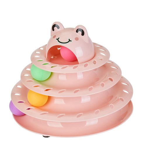 Suhaco Interactive Cat Toys for Indoor Cats Fun Roller 4 Level Cat Tower with Cute Stickers Turntable Kittens Ball Teaser Toy (Pink)