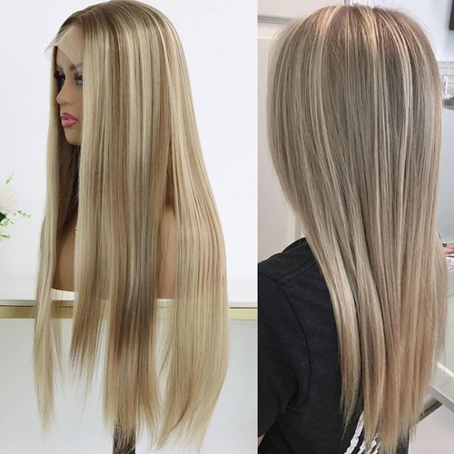 MACA BAKA Highlight Honey Blonde Lace Front Wigs for Women Middle Part Glueless Long Straight Ombre Brown Mixed Blonde Synthetic Lace Front Wig for White Women 150 Density 24 Inches