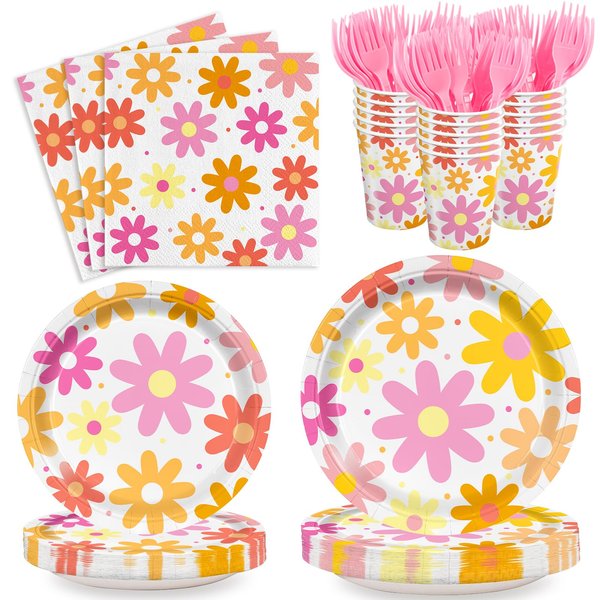 AGoooodySet 120pcs Groovy Daisy Paper Plates and Napkins Groovy Flower Party Supplies Groovy Daisy Retro Boho Cups for Birthday Baby Shower Wedding Theme Party Serve 24 Guests