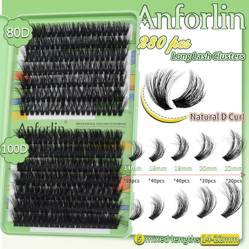 Eyelash Extension Kit 280 pcs Fluffy Lash Clusters D Curl 14-22mm Mix 80D&100D Individual Lashes with Lash Bond, Lash Seal and Lash Applicator for Lash Extension, by Anforlin