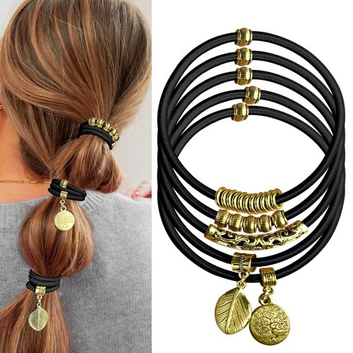 Black Hair Ties Boho Bracelets for Women, Cute Hair Tie Bracelet Vintage Hair Accessories Elastic Ponytail Holders for Girls Decorative Hair Bands Women's Thick Curly Hair with Gold Jewelry for Gifts