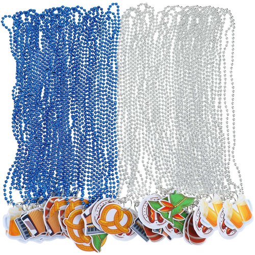 Sasylvia 30 Pcs Oktoberfest Bead Necklaces Double Sided Printing White Blue Bead Necklaces with Felt Pendant in 6 Classic Styles Oktoberfest Accessories for German Bavarian Beer Festival Party Favors