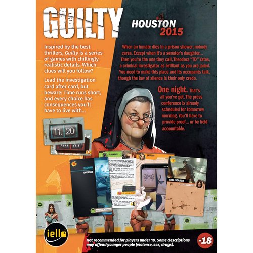IELLO: Guilty: Houston 2015 - Cooperative Board Game, Deduction, Murder Investigation at County Prison, Ages 18+, 1-99 Players, 180-240 Min