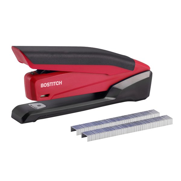 Bostitch Office Executive 3 in 1 Stapler, Includes 210 Staples and Integrated Staple Remover, One Finger Stapling, No Effort, 20 Sheet Capacity, Spring Powered Stapler, Red