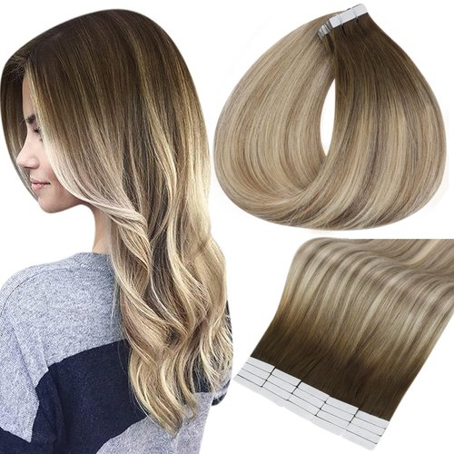 Full Shine 14 Inch Tape in Hair Extensions Human Hair Ombre Balayage Hair Extensions Tape Dark Brown Roots Color 3 Fading to 8 Light Brown and 22 Blonde Highlighted Extensions 20 Pieces 50 Grams