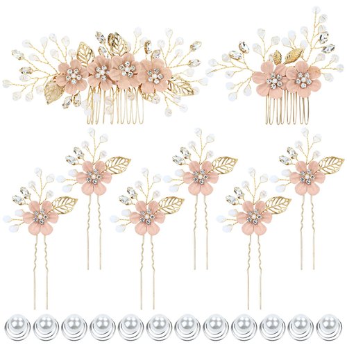 Dizila 20 Pieces Bridal Wedding Party Prom Rhinestone Pearl Pink Flower Hair Side Combs Slides+U-...