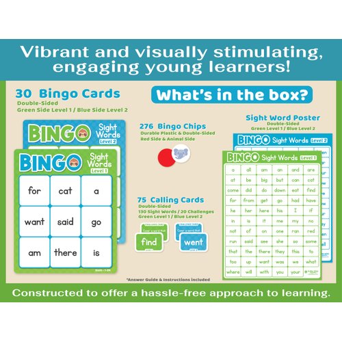 Sight Words Bingo Game for Kindergarten, Learn to Read Sight Word Cards, Word Games for Kids Ages 4-8, Bingo Sight Words Level 1&2