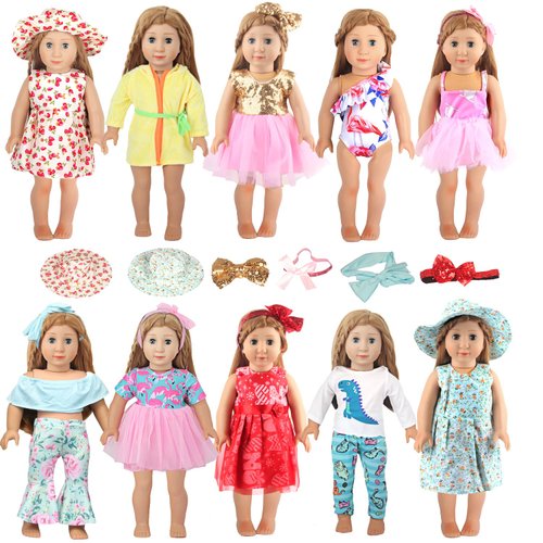 MSYO 18-Inch Doll Clothes and Accessories,10 Sets Cute Doll Gorgeous Outfit, 6 Doll Dresses, 1 Doll Swimming Suit Set,1 Doll t-Shirt Pajamas Set,1 Doll Bathrobe, 2 Doll Hat, 4 Doll Hairband, 1 Belt