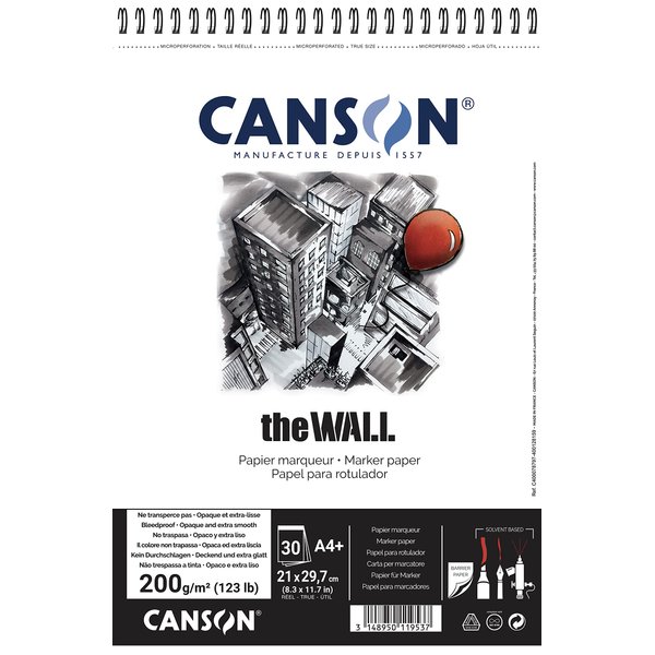 CANSON The Wall Marker 200gsm A4 Paper, Extra Smooth, Spiral Pad Short Side, 30 White Sheets, Ideal for Professional Artists & Illustrators