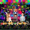 Glow Neon Party Supplies - Neon Balloon, Glow in the Dark Happy Birthday Banner, Hanging Swirls, Cake Topper, Tablecloth, Plates, Napkins, Cup for Blacklight Party Decorations, Serves 20 Guest