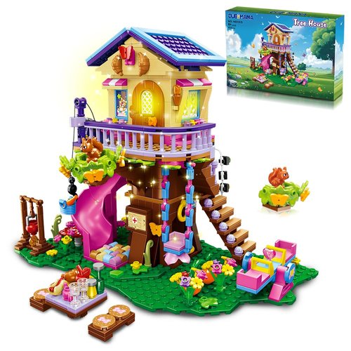 CUBIMANA Treehouse Building Sets with LED Light - Tree House Building Block Toy, Friendship Up House Building Set with Slide & Stickers, Xmas Gift for Kids Girls Boys Age 6 7 8 9 10 11+（618PCS