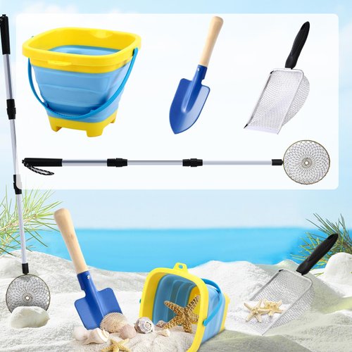 JULBEAR 4 Pack Beach Supplies Set, Mesh Shovel and Adjustable Extra Long Sand Sifter Sand Tools Foldable Beach Bucket Beach Shovel for Shells Collecting Shark Tooth Beach Supplies