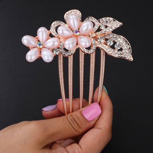 Chargances Pearl Bride Wedding Hair Comb Vintage Flower Rhinestone Hair Side Comb Bridal 1920s Headpiece Glitter Crystal Handmade Accessories for Women and Girls (Style 2)