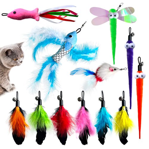 YUBONUS Cat Feather Toy Replacement Cat Wand Toy Refills Cat Teaser Toy Refills,Cat Interactive Cat Wand Toy Replacement Feather for Indoor Cats (A 12Pcs)