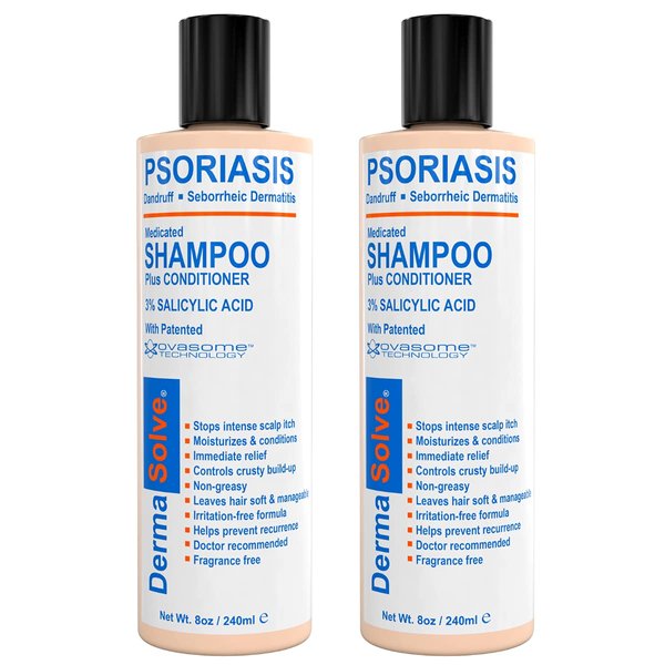Dermasolve Scalp Psoriasis Medicated Shampoo & Conditioner (2-pack) Naturally Heals Dandruff Seborrheic Dermatitis Itchy Flakey Inflamed Skin & Provides Soothing Moisturizing Relief - Two 8 oz bottles