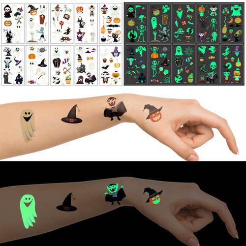 Luminous Halloween Temporary Tattoos - 10 Sheets Halloween Glow In The Dark Tattoos Bulk Halloween Prizes Treat or Trick Party Favor Goody Bag Stuffers
