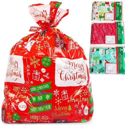 4 Giant Gift Bags 44” X 36” Christmas Gift Sacks with String Ties and Tags Cerebrate a Holiday Beige Color Designs Treats 4 Oversize Assorted Wrapping Set