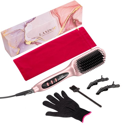 LANDOT Ceramic Hair Straightener Brush: Negative Ion Heated Straightening Brush for Smooth Frizz-Free Hair - Dual Voltage 100-240V Fast Heating Ajustable Temp 250°F-450°F
