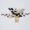 Teyglen Crystal Bride Wedding Hair Comb Black Rhinestone Crystal Hair Comb Gold Leaves Headpiece Hair Piece Black Headpiece Hair Accessories for Women