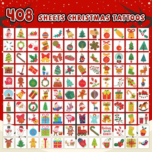 EMOME 408 PCS Christmas Temporary Tattoos, Xmas Glitter Tattoo Stickers for Kids Individually Wrapped Bulk, Merry Christmas Stocking Stuffers for Boys and Girls Party Favor Decorations Supplies