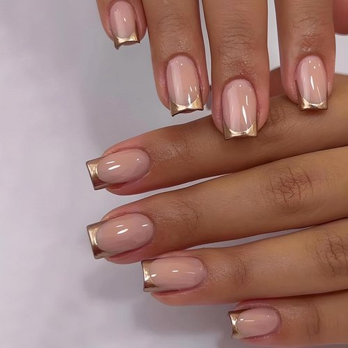 MISUD Press on Nails Short Square Fake Nails Glossy Glue on Nails Gold Chrome French Tip Acrylic Nails Squoval Artificial Nails Nude False Nails with Design 24 pcs
