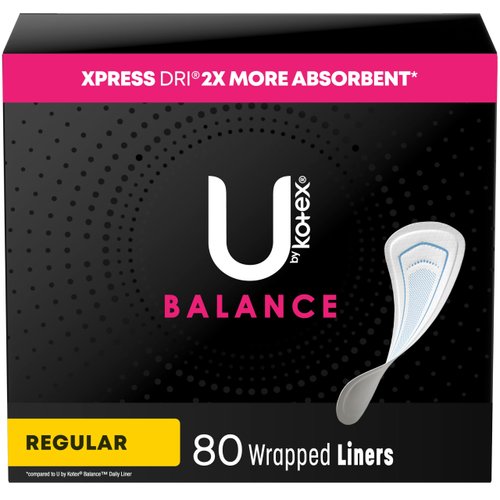 U by Kotex Balance Wrapped Panty Liners, Regular Length, 80 Count (Packaging May Vary)