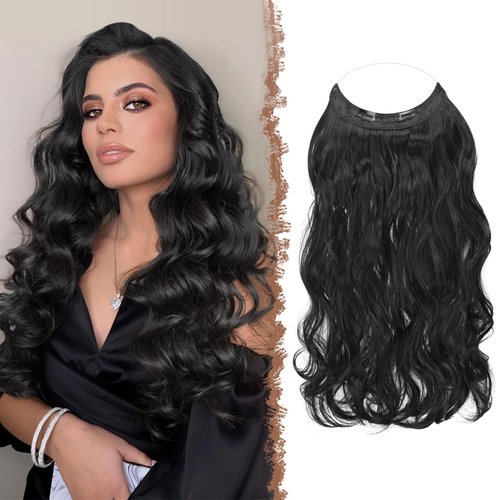 FESHFEN Invisible Wire Hair Extensions Secrets Hair Extensions With Wire Synthetic Adjustable Curly Hair Long Wavy Secret Hairpieces for Women 18 Inch, Natural Black