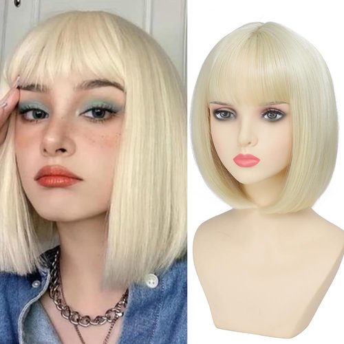 Refined Short Bob Wigs With Bangs 12 inch Straight Synthetic Cosplay Party Wig For Women Daily Use Colorful Hair Wigs (#613, 12 Inch)