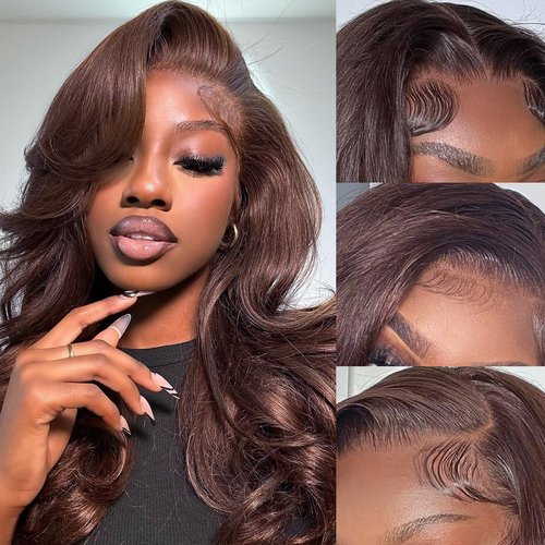 studyy 13x4 Chocolate Brown Body Wave Lace Front Wigs Human Hair with Baby Hair 180 Density Body Lace Frontal Human Hair Wigs Pre Plucked Hairline 4# Brown Wig 20 inch