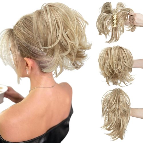 CJL HAIR Claw Clip Short Ponytail Hair Extensions Bendable Metals Messy Bun Hair piece Wavy Curly Fake Hairpieces (Dirty Blonde, Straight,8inch)
