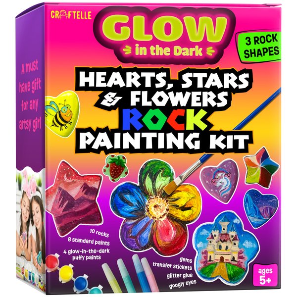 Heart, Flower & Star Shaped Rocks - Glow in The Dark Rock Painting Kit for Kids - Arts & Crafts for Kids Ages 6-12 – Unique Girl Gift Kits Art Toys Birthday Gifts for 6 7 8 9 10 11 12 Year Old Girls