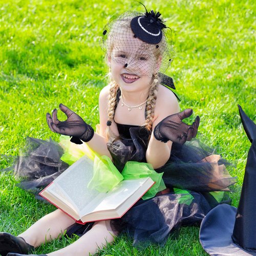 Jenaai 8 Pcs Girls Tea Party Supplies Tea Party Gloves Hats Necklace Fan for Girls Halloween Tea Party Costume(Black,Stylish)