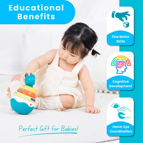 PlenPLAY Baby Tummy Time Toys - Dino Stacking Toys for Age 6+ Months, Weeble Wobble Toys for Babies 6 9 12 Months, Stacking Rings STEM Learning Toy, Sensory Learning Toy (Dinosaur)