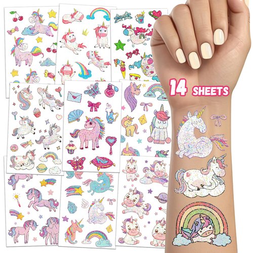 TatoYard Goodie Bags Stuffers for Kids, 14 Sheets Glitter Temporary Tattoos Stickers for Birthday Party Supplies, Party Toys Games for Boys Girls party favors Decorations (Unicorns)